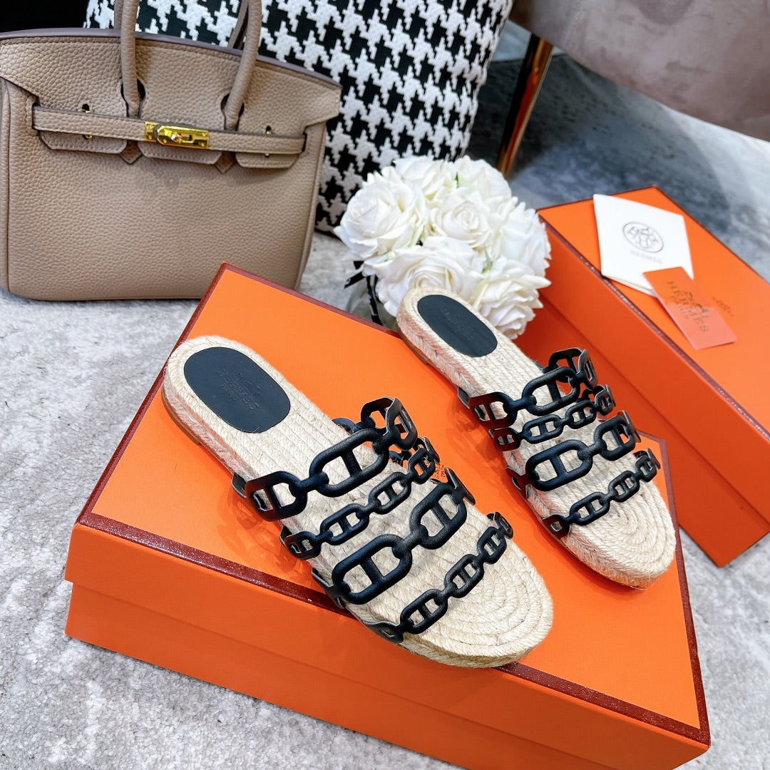 HERMES STRAW SOLE SLIPPERS BLACK LAMBSKIN