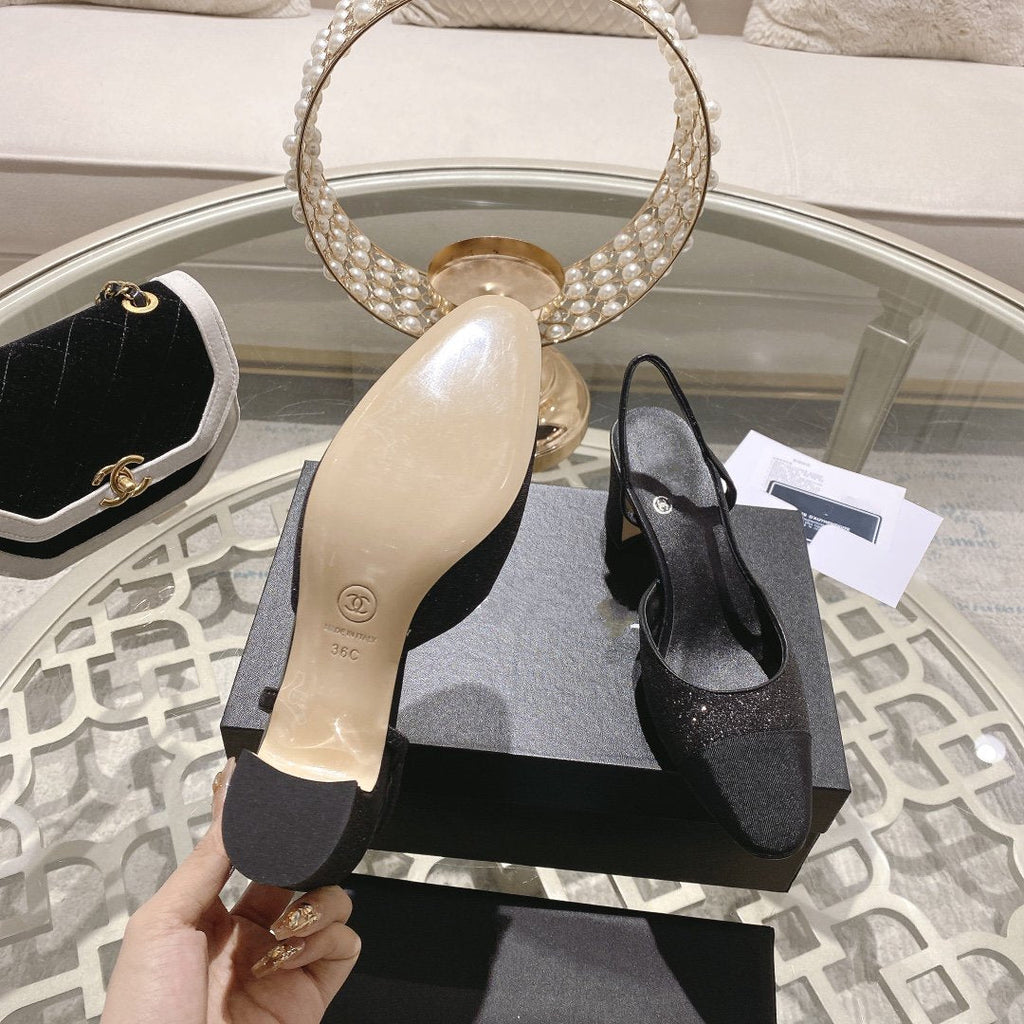 CHANEL slingback 6.5 glitter black grosgrain