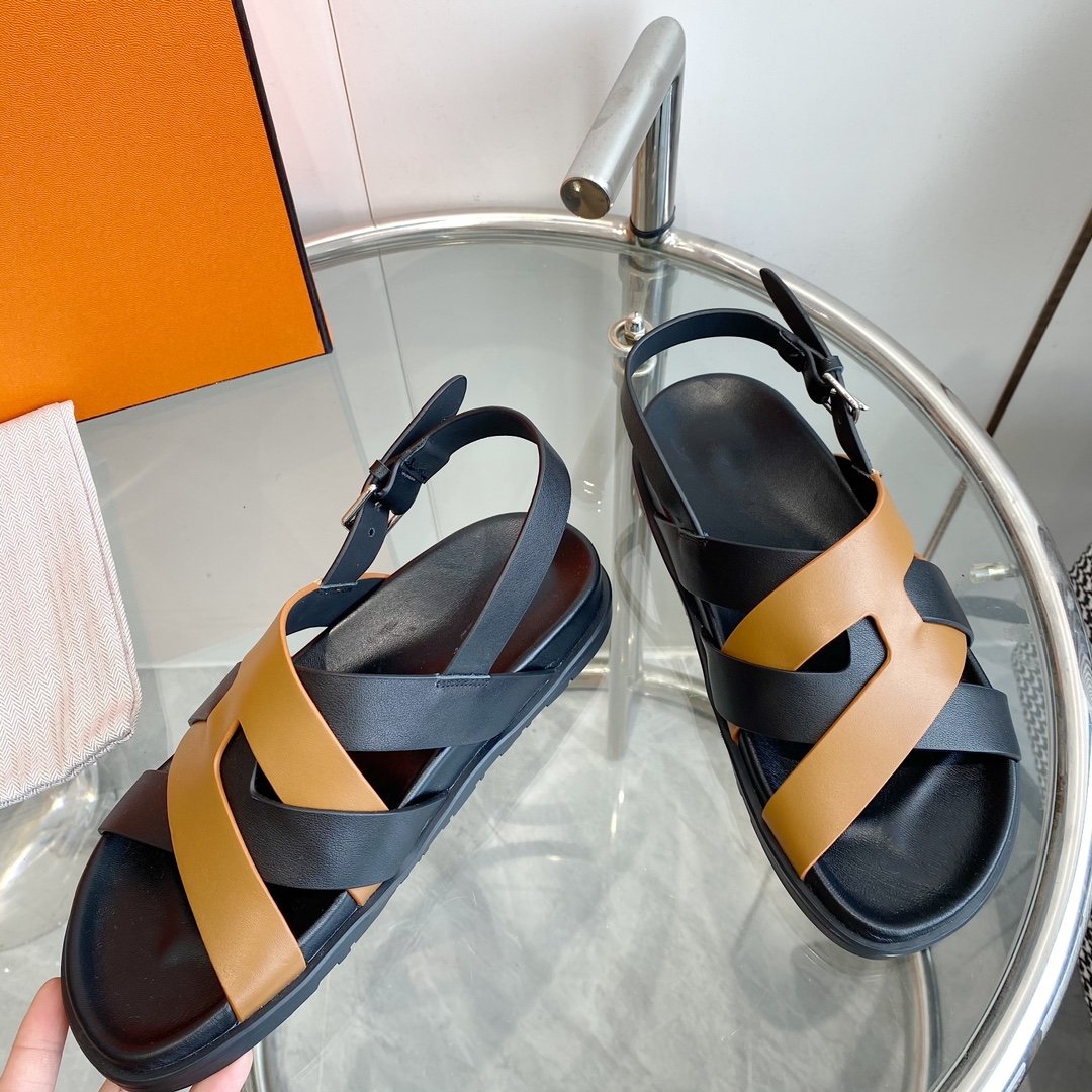 HERMES Genius Sandal Slingback Black/Brown Calfskin Leather