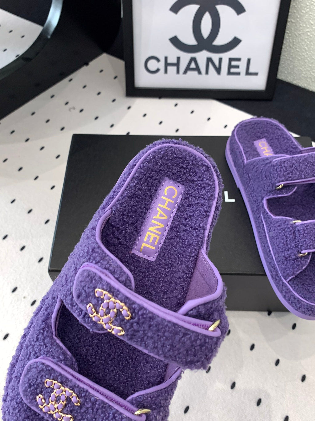 CHANEL DAD SANDAL MULE IN PLUM PURPLE LAMB FUR