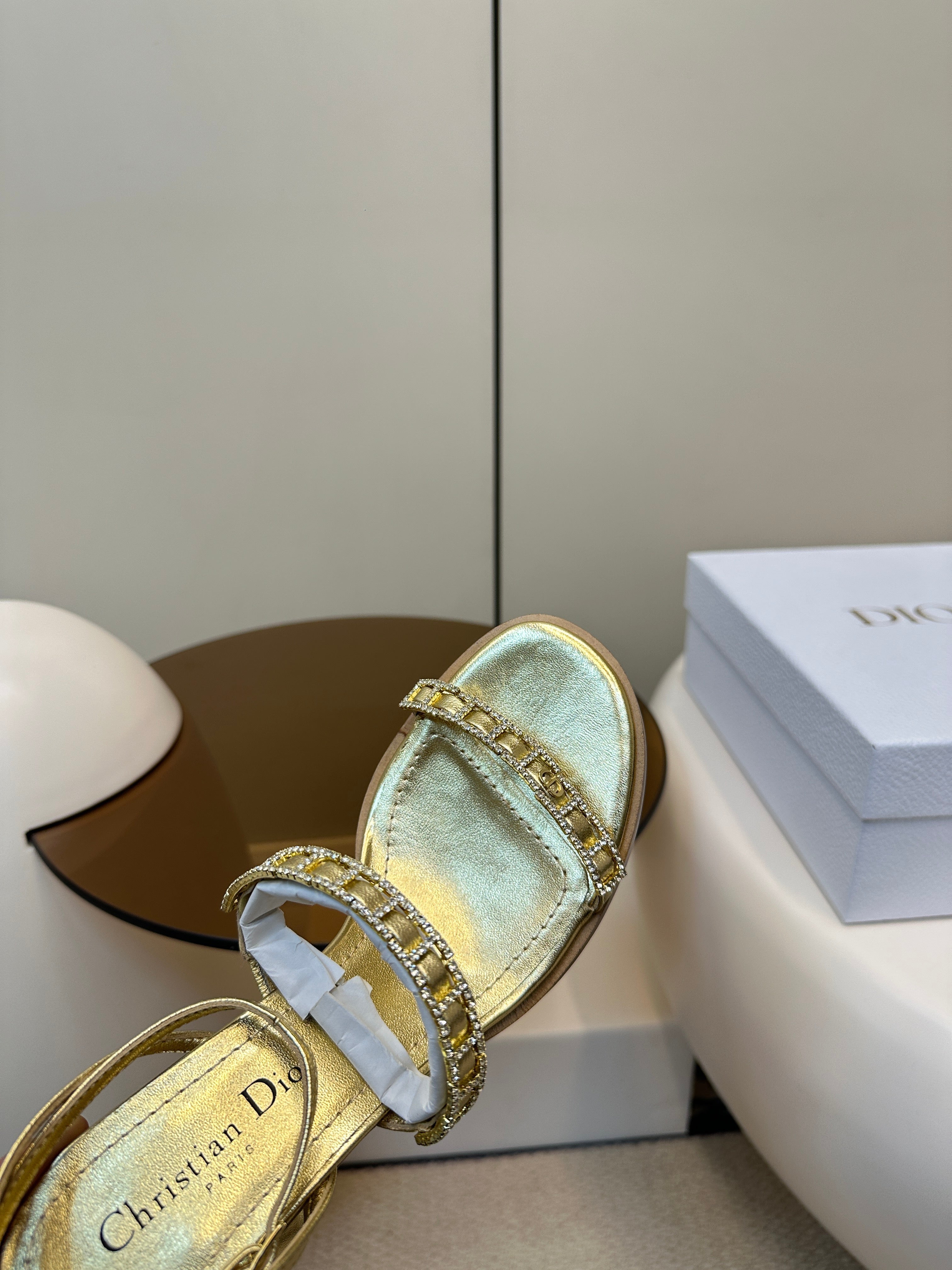 DIOR HIGH HEEL 25S SANDALS 85MM IN SHINY GOLD CALFSKIN RHINESTONES STRAP