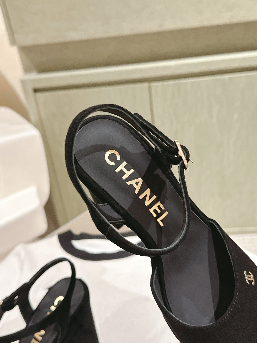 CHANEL HIGH SANDAL BLACK SUEDE CALFSKIN