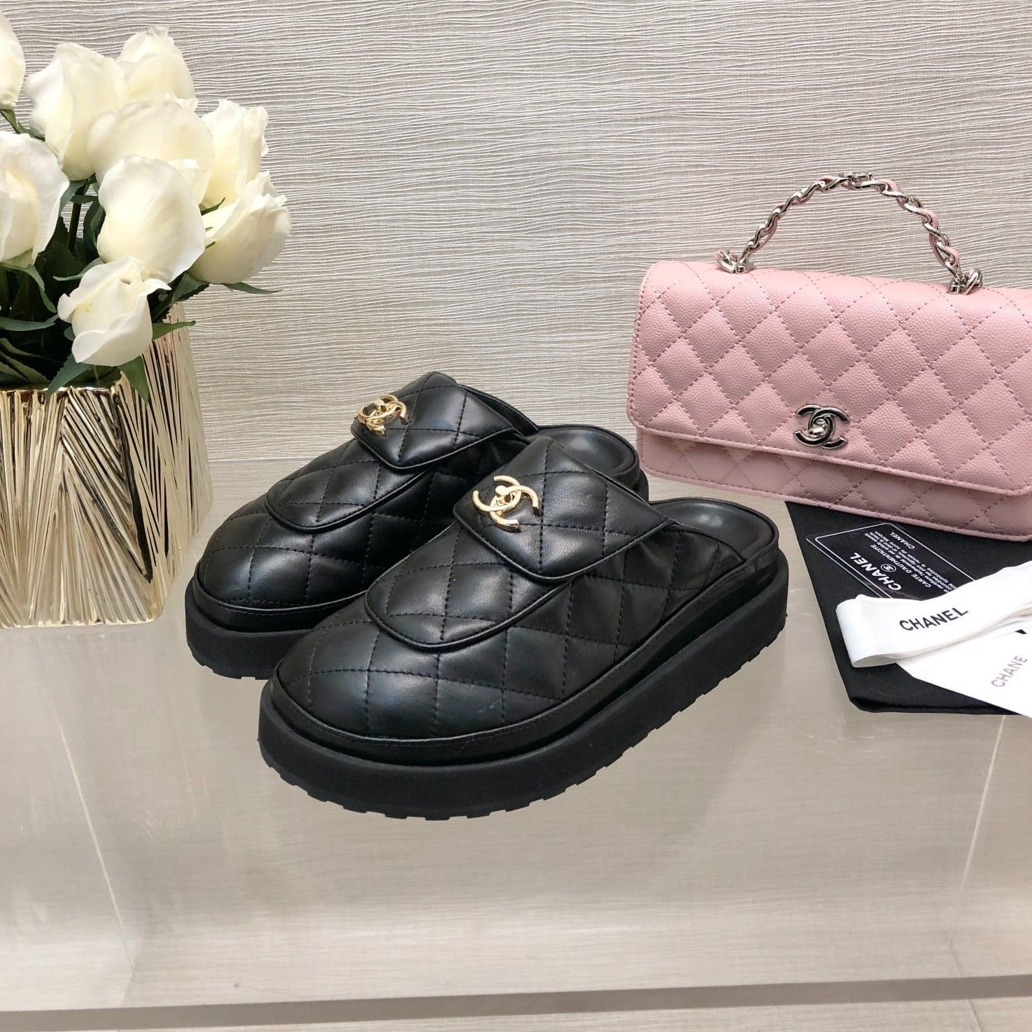 CHANEL TURNLOCK FLAP MULES BLACK LAMBSKIN