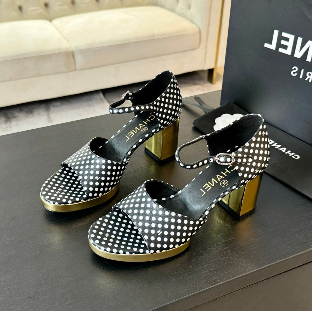 CHANEL Platform Peep-Toe Sandals Black/White Caro Lambskin