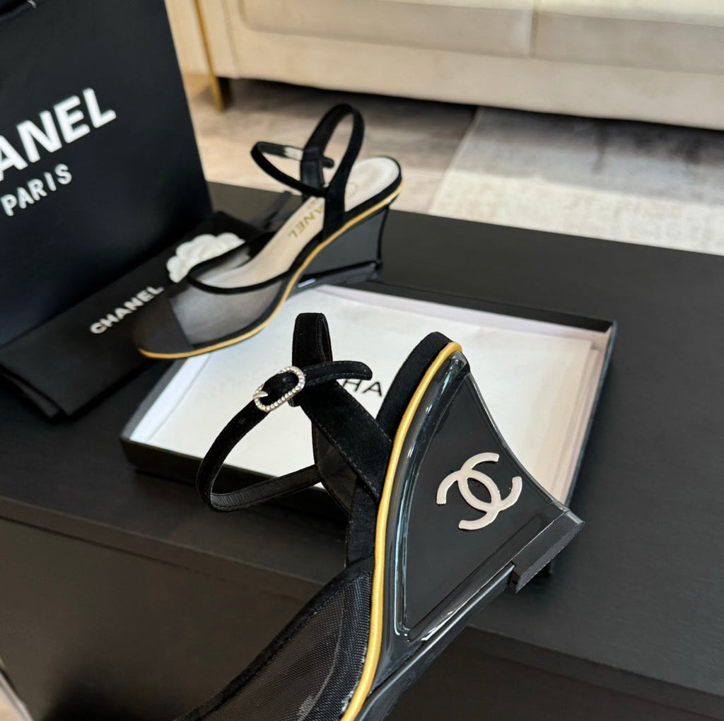 CHANEL Waterproof Platform High Heels Transparent Heel Mesh  Black