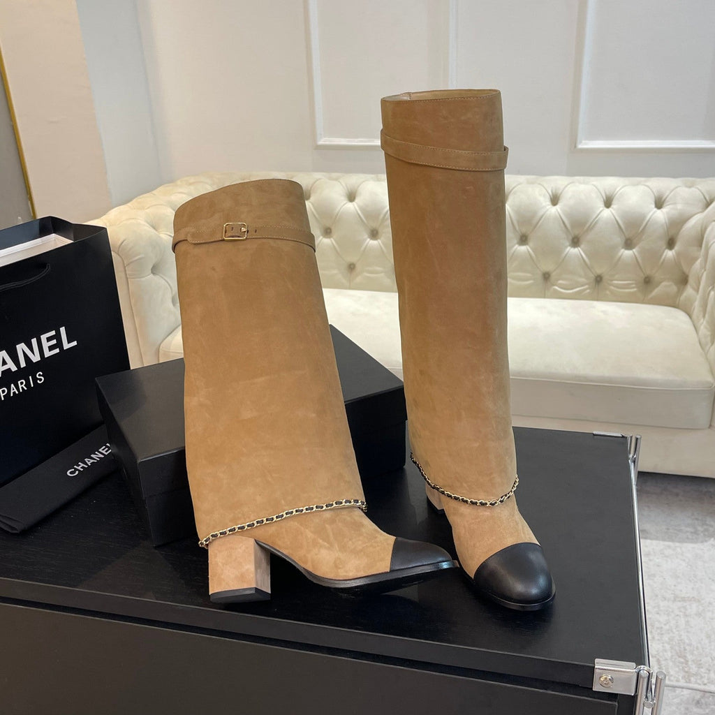 CHANEL HIGH BOOTS 6.5 CM IN CIDER BROWN SUEDE AND BLACK CALFSKIN