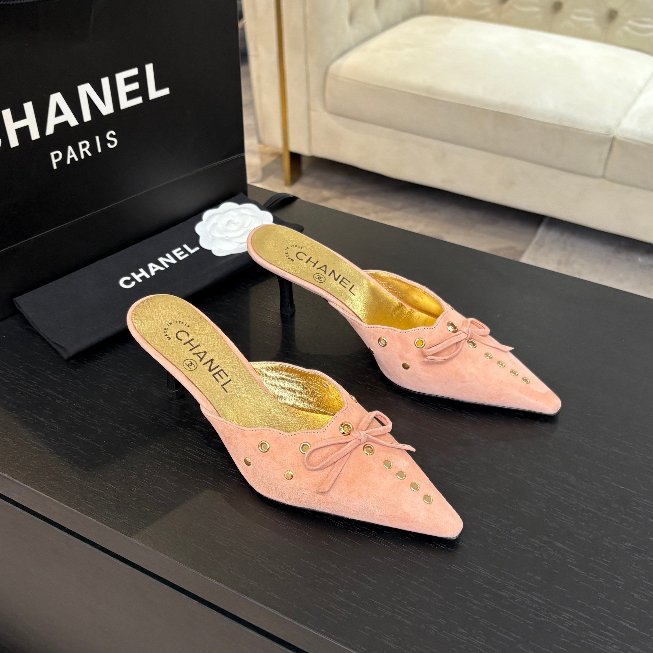 CHANEL HIGH HEEL MULE 65 MM IN LIGHT PINK SUEDE