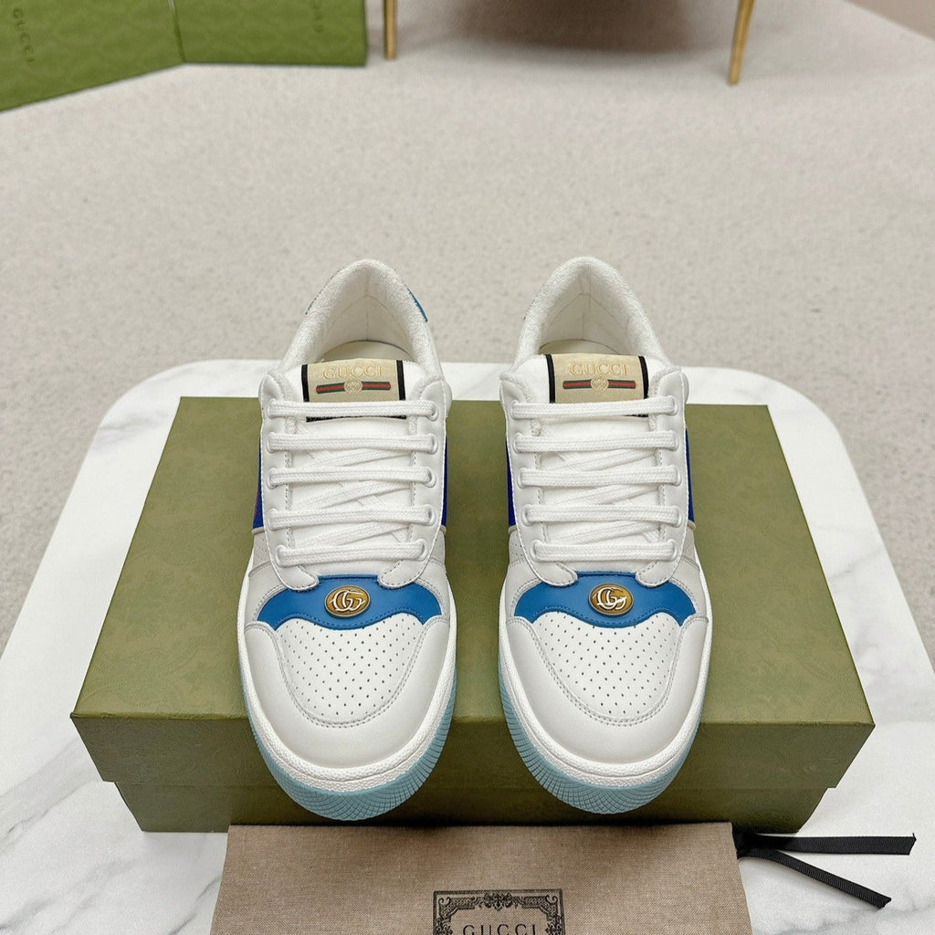 GUCCI WOMEN'S SCREENER TRAINER WHITE AND BLUE CALFSKIN