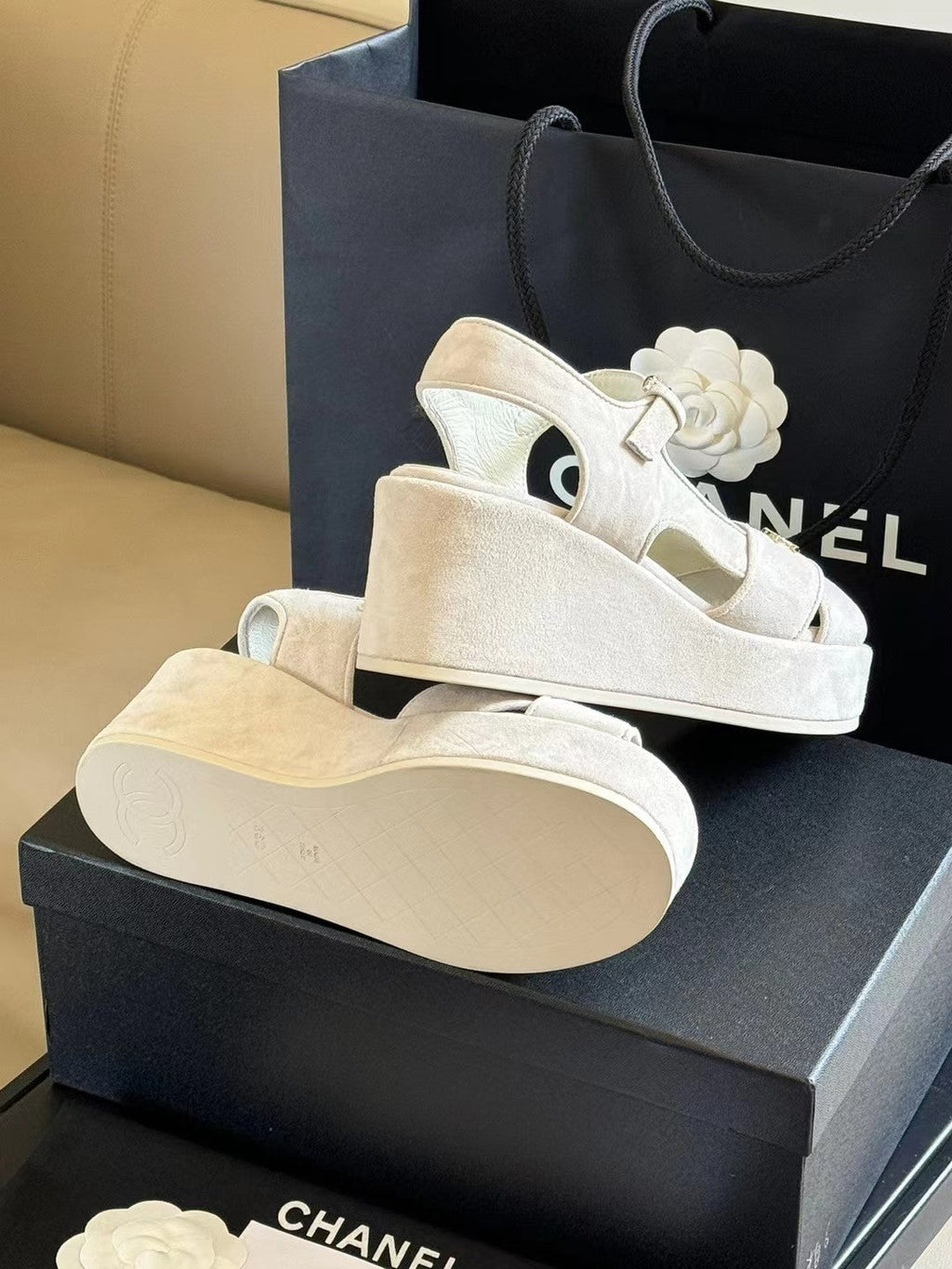 CHANEL CLASSIC WEDGE SANDALS IN WHITE LAMBSKIN SUEDE