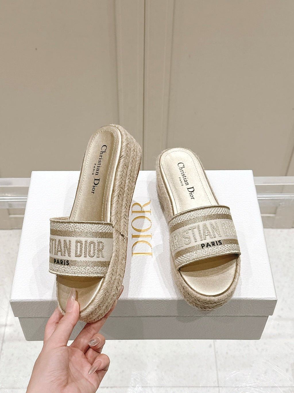 DIOR DWAY WEDGE SLIDES 45MM IN WARM GREIGE FABRIC RAFFIA SOLE