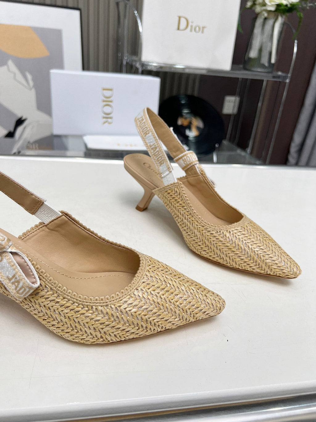 DIOR J'A SLINGBACK PUMP NATURAL RAFFIA AND BEIGE EMBROIDERED COTTON 65 MM