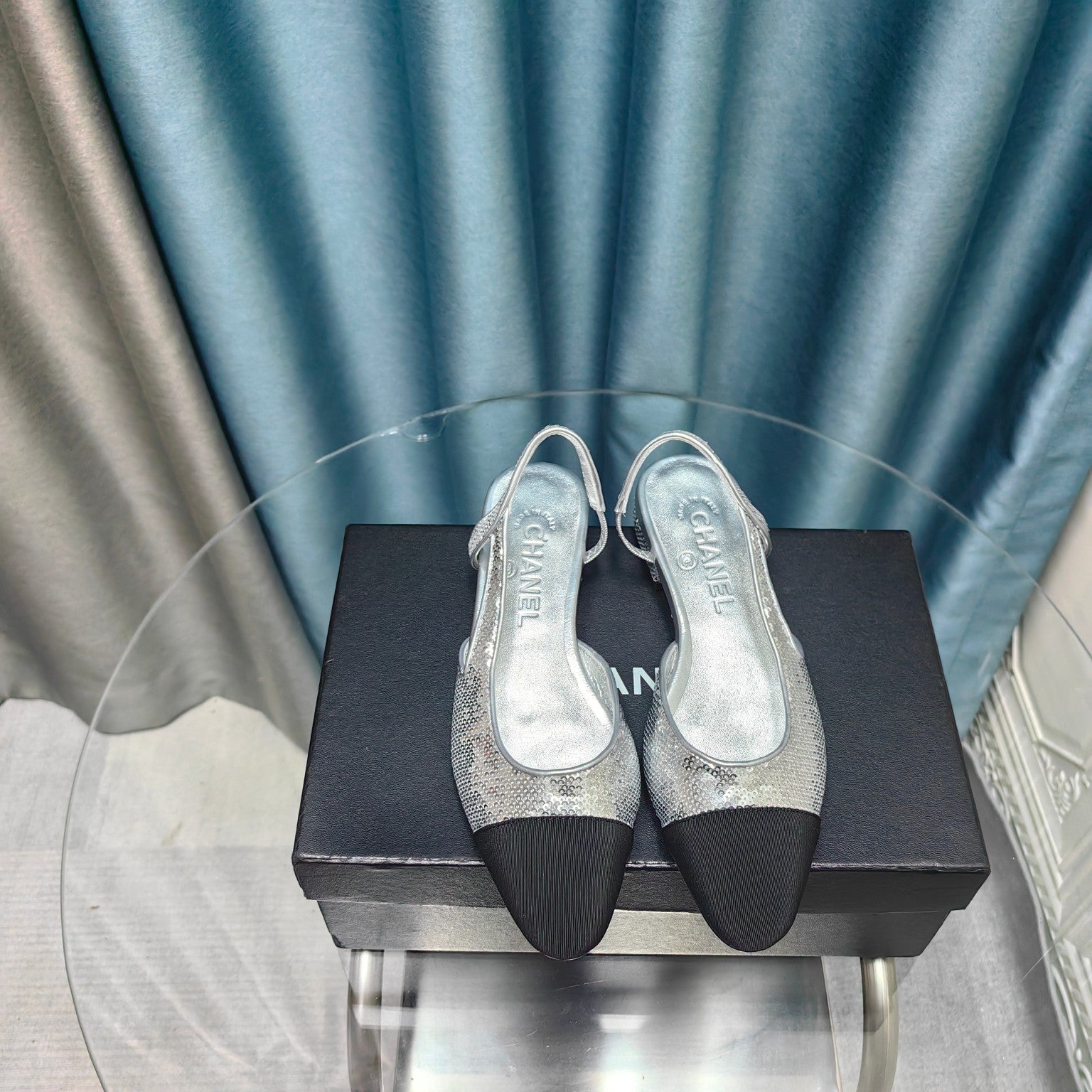 CHANEL SLINGBACKS IN GLITTER SILVER LAMBSKIN