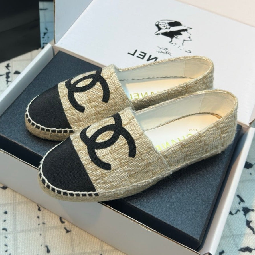 CHANEL ESPADRILLES LOAFERS IN BEIGE TWEED AND BLACK SATIN