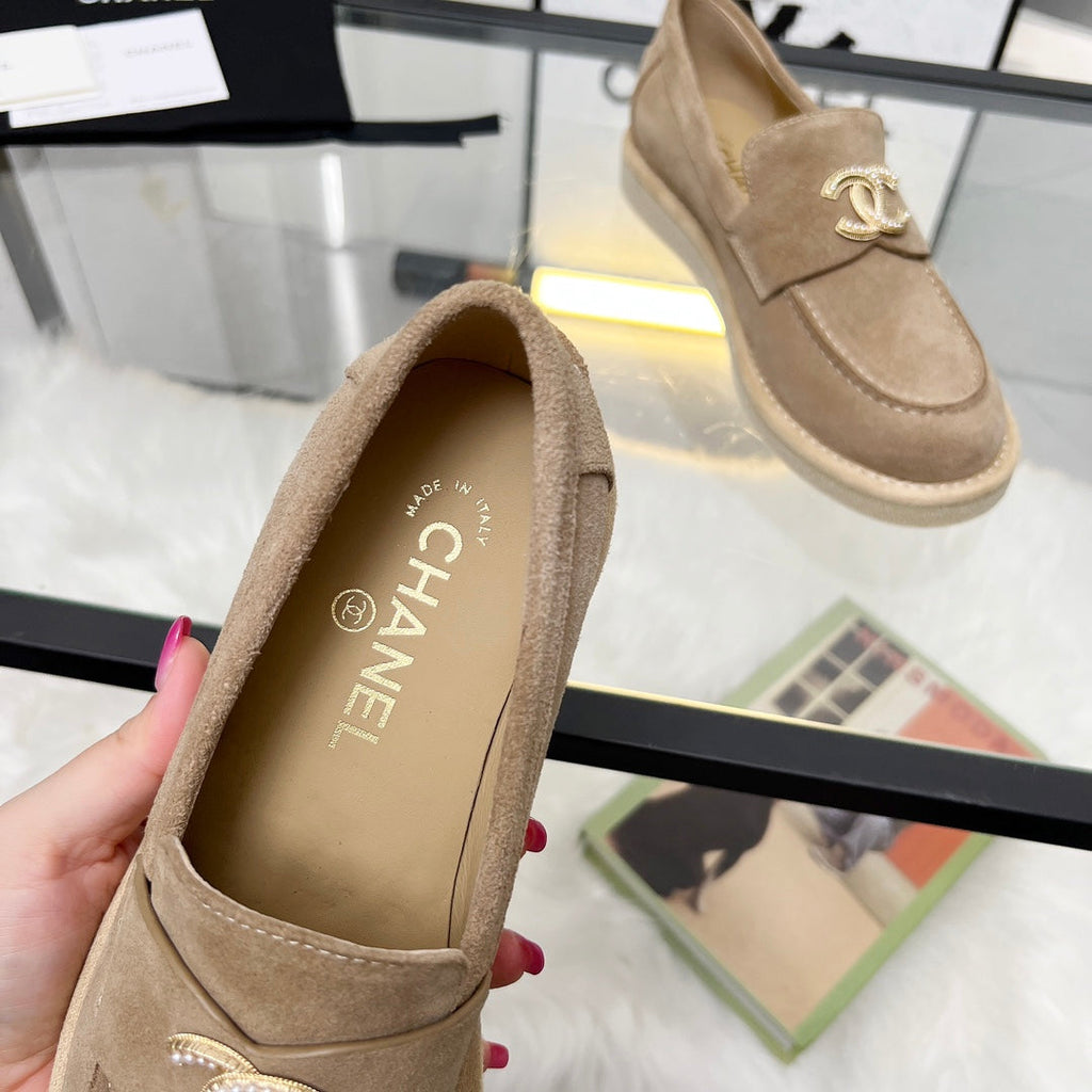 CHANEL PEARL LOGO LOAFERS IN CINNAMON BROWN SUEDE