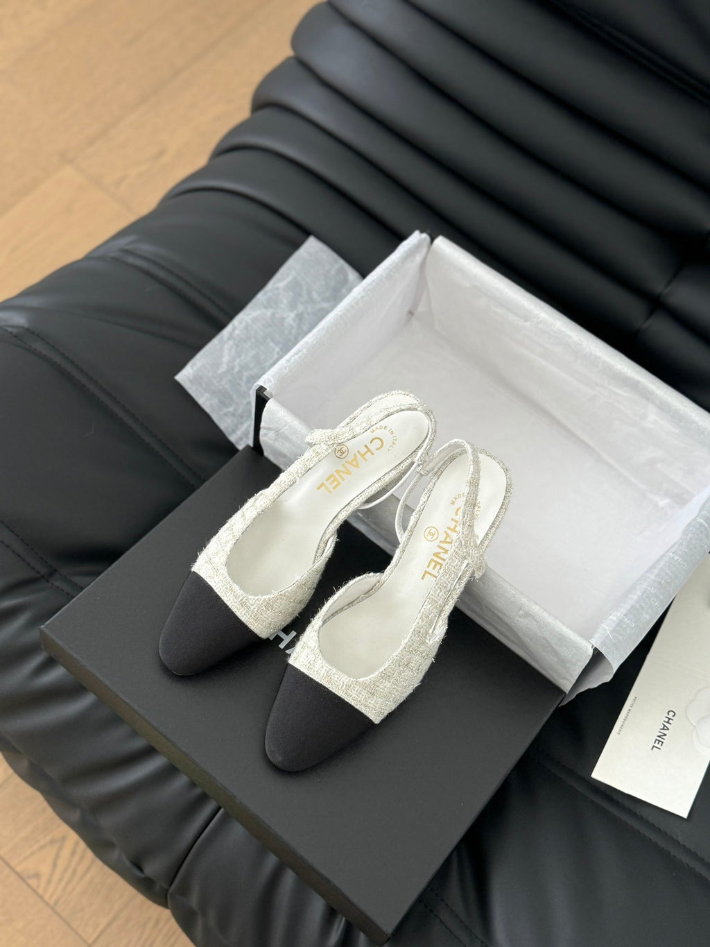 CHANEL HIGH SLINGBACK IN WHITE TWEED AND BLACK LAMBSKIN