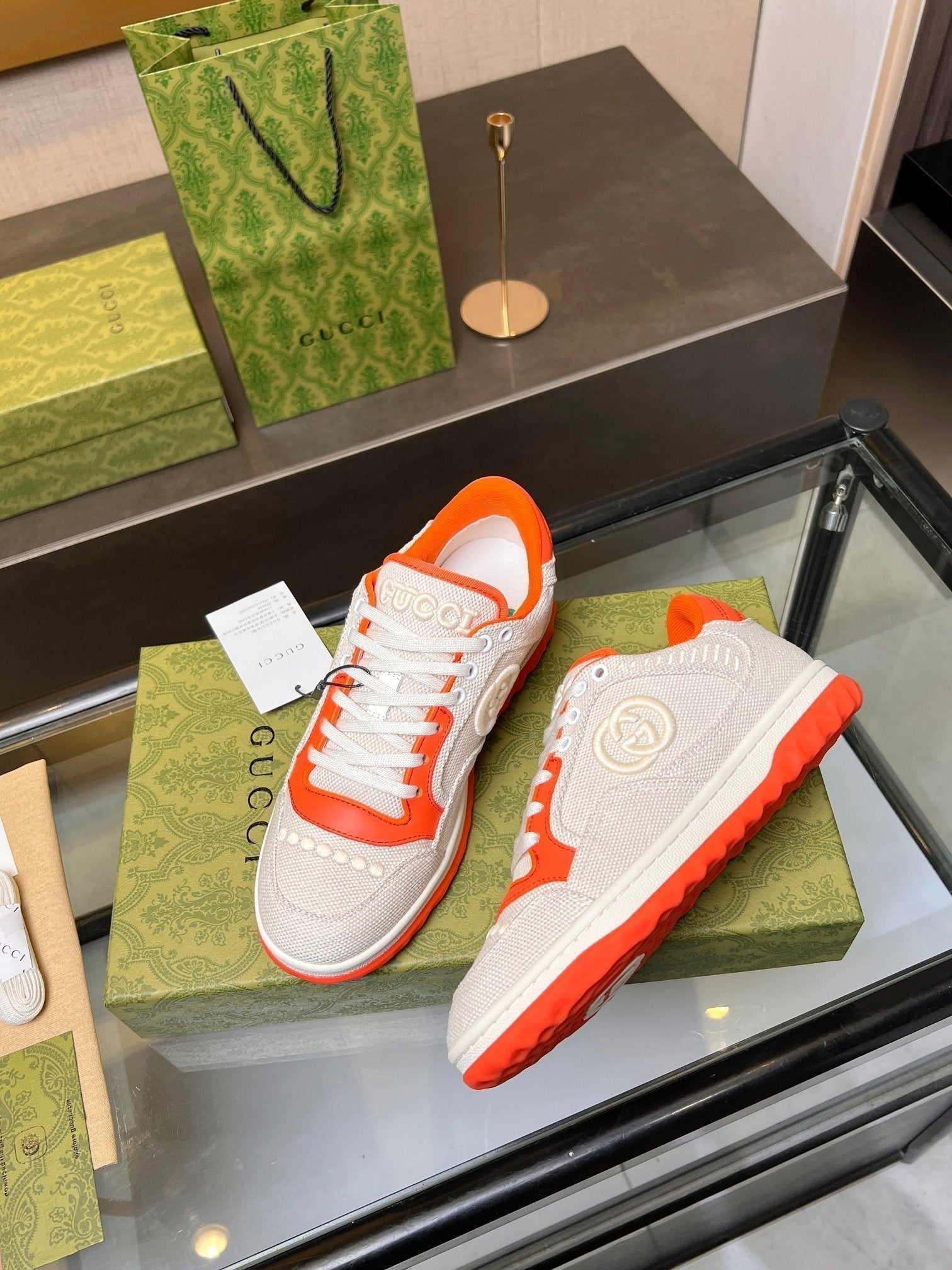 GUCCI MAC80 TRAINER CREAMY WHITE AND ORANGE CALFSKIN