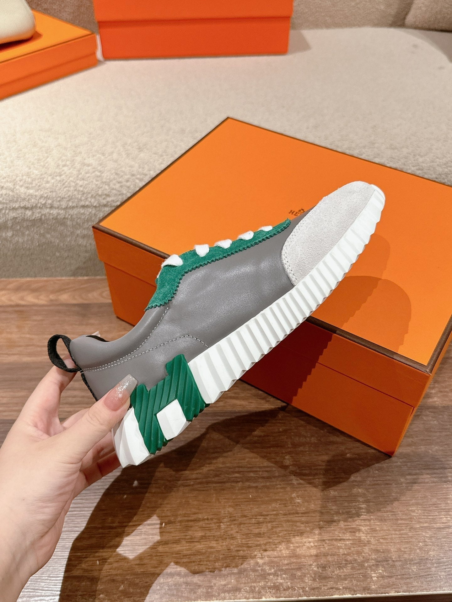 HERMES MAINLAND SNEAKER IN PALE GRAY SUEDE AND MOUSE GRAY CALFSKIN