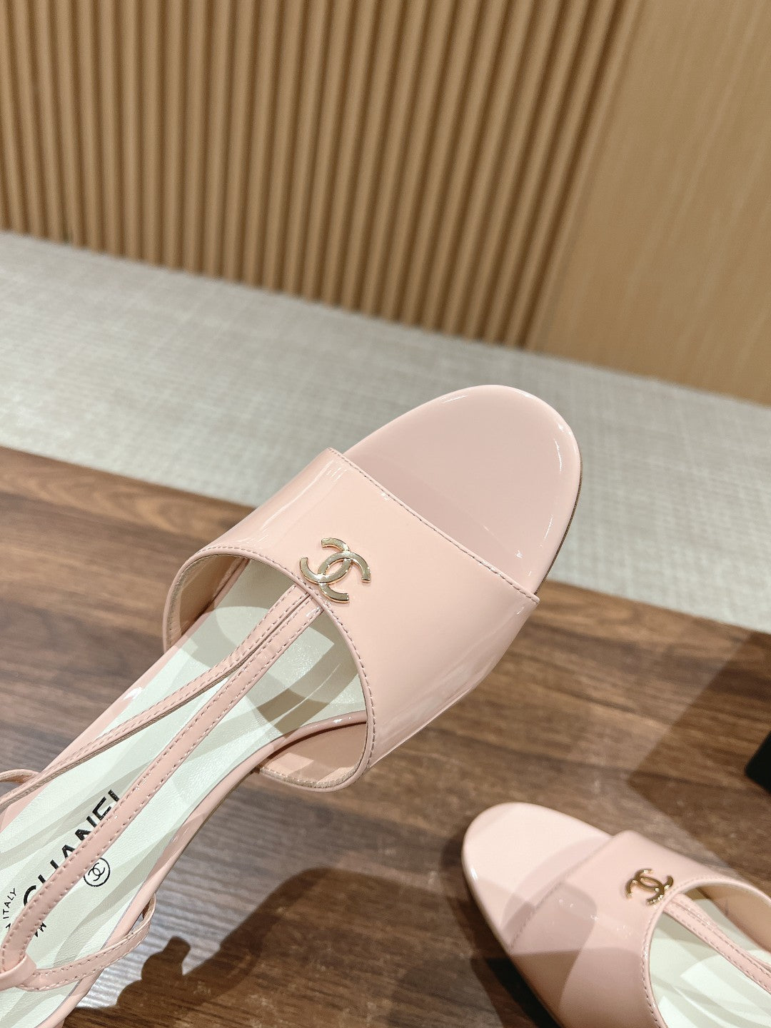 CHANEL high heel 70 sandals pink white patent calfskin