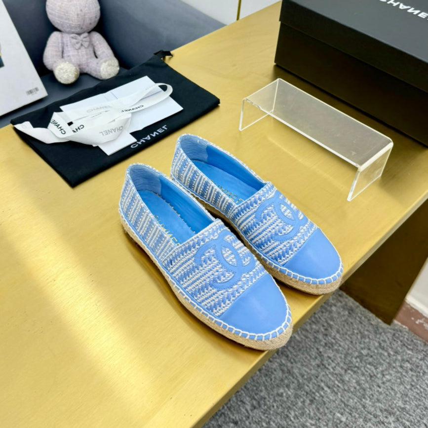 CHANEL ESPADRILLES PLATFORM 25S IN SKY BLUE TWEED MIX CALFSKIN