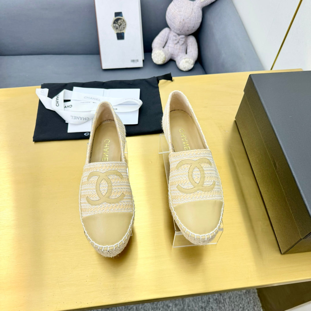 CHANEL ESPADRILLES PLATFORM 25S IN BEIGE YELLOW TWEED MIX CALFSKIN
