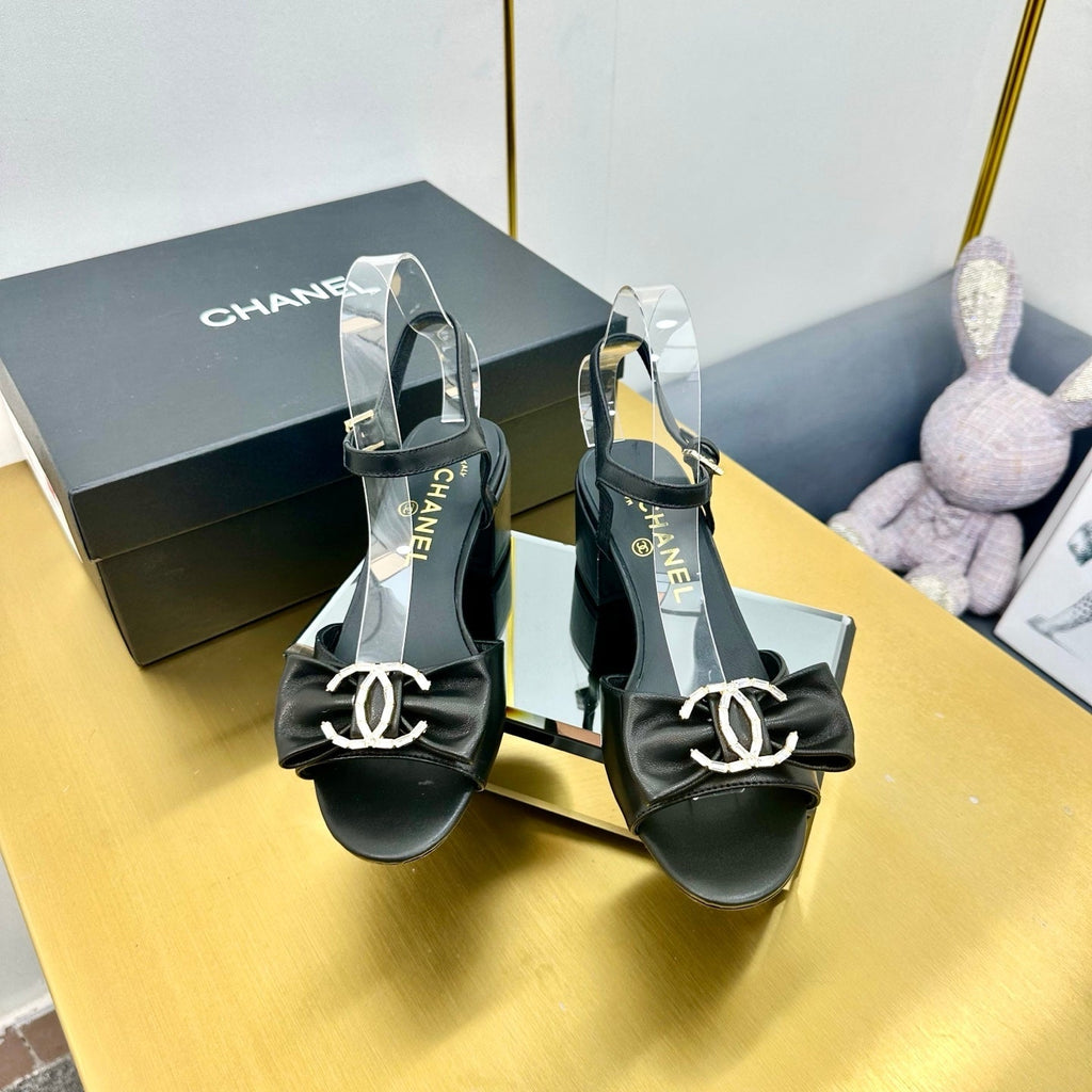 CHANEL BOWKNOT RHINESTONES MID HEEL SANDAL IN BLACK CALFSKIN