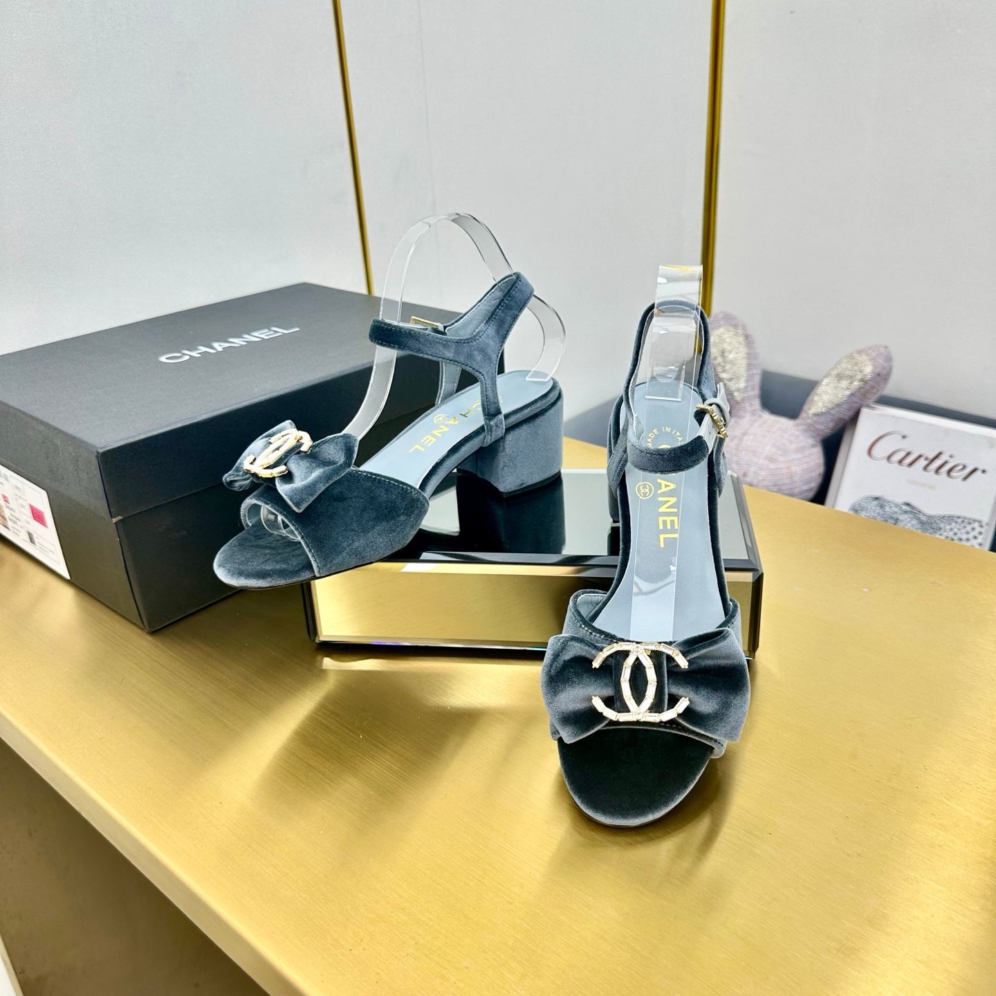 CHANEL BOWKNOT RHINESTONES MID HEEL SANDAL IN STONE BLUE VELVET